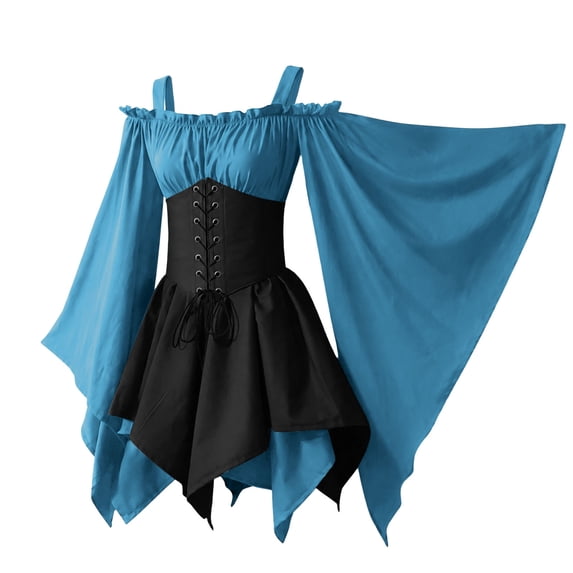KICILVS Gothic Dresses for Women Off Shoulder Bell Sleeve Patchwork Corset Waist Layered Flowy Witch Theme Mini Dress Blue