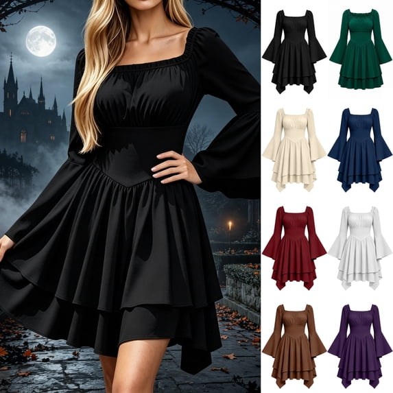 KICILVS Halloween Dresses for Women Plain Square Neck Flare Sleeve Dress Ruched Bust Layered Hemline Mini Party Gown Black