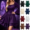 thumbnail image 1 of KICILVS Halloween Dresses for Women Plain Square Neck Flare Sleeve Dress Ruched Bust Layered Hemline Mini Party Gown Purple, 1 of 8