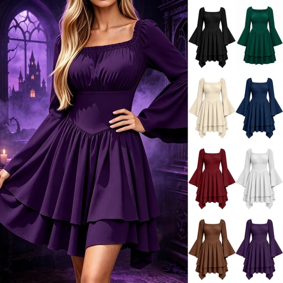 KICILVS Halloween Dresses for Women Plain Square Neck Flare Sleeve Dress Ruched Bust Layered Hemline Mini Party Gown Purple