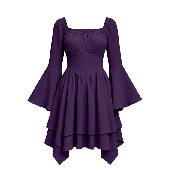 KICILVS Halloween Dresses for Women Plain Square Neck Flare Sleeve Dress Ruched Bust Layered Hemline Mini Party Gown Purple