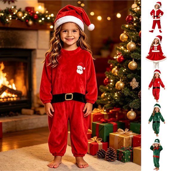 KICILVS Kids Santa Claus Costume, Fuzzy Warm Red Romper with Hat, Cute Christmas Cosplay Set for Holiday Party Wear, Size 1-6 Years