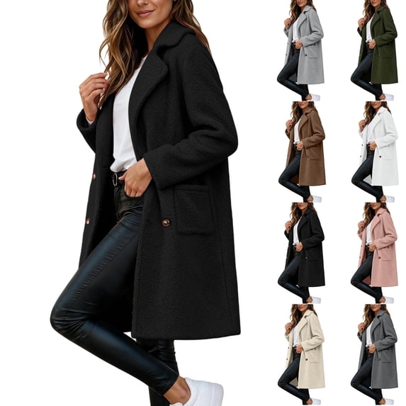 KICILVS Long Sherpa Jacket Women Fuzzy Button-Down Coat with Pockets Notched Collar Warm Winter Outerwear for Casual