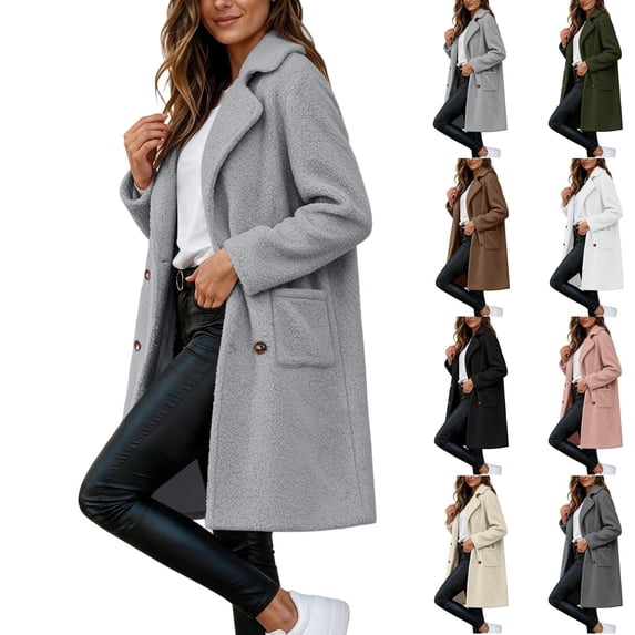 KICILVS Long Sherpa Jacket Women Fuzzy Button-Down Coat with Pockets Notched Collar Warm Winter Outerwear for Casual