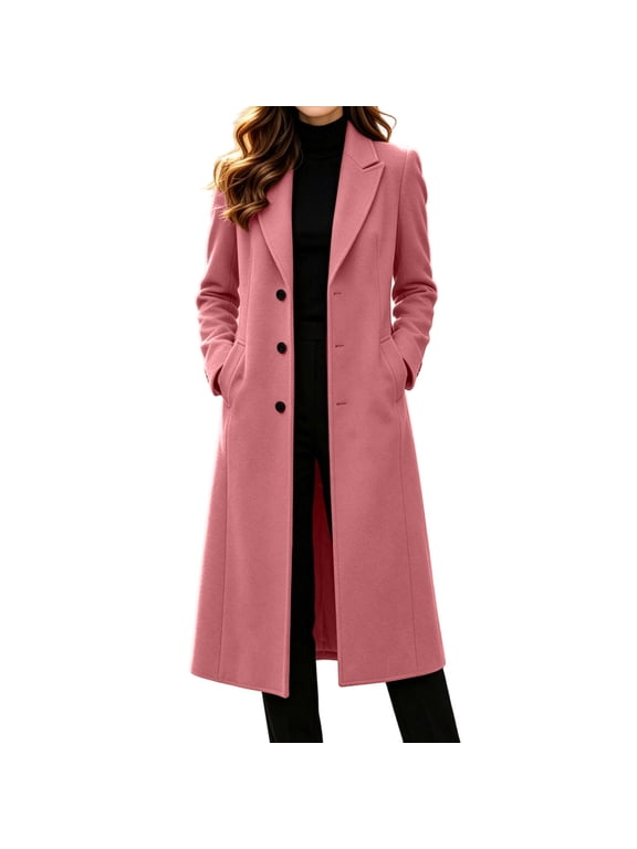Long Trench Coat for Women Classic Fit Lapel Collar Outerwear with Pockets Single Breasted Elegant Winter Overcoat