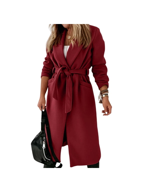 Long Trench Coat for Women Wrap Collar Belted Peacoat with Pockets Elegant Warm Winter Outerwear Wine