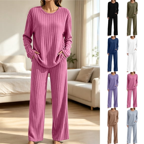 KICILVS Lounge Sets for Women Ribbed Knit Long Sleeve Top and Wide Leg Pants Set Casual Matching Pajama for Fall Travel Outfit