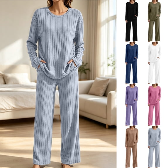 KICILVS Lounge Sets for Women Ribbed Knit Long Sleeve Top and Wide Leg Pants Set Casual Matching Pajama for Fall Travel Outfit