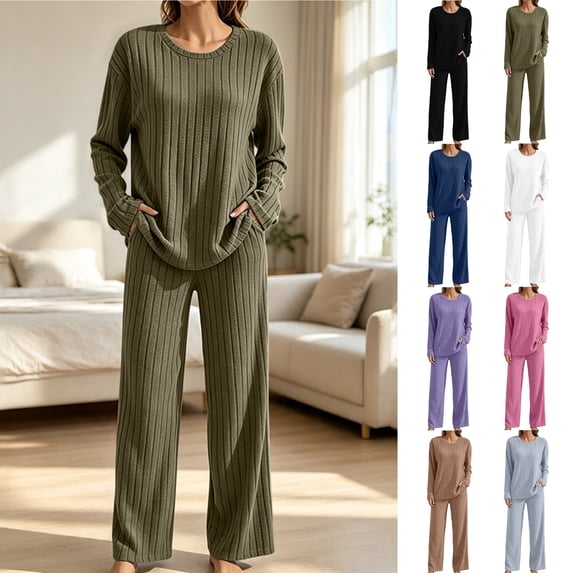 KICILVS Lounge Sets for Women Ribbed Knit Long Sleeve Top and Wide Leg Pants Set Casual Matching Pajama for Fall Travel Outfit