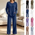 thumbnail image 1 of KICILVS Lounge Sets for Women Ribbed Knit Long Sleeve Top and Wide Leg Pants Set Casual Matching Pajama for Fall Travel Outfit, 1 of 9