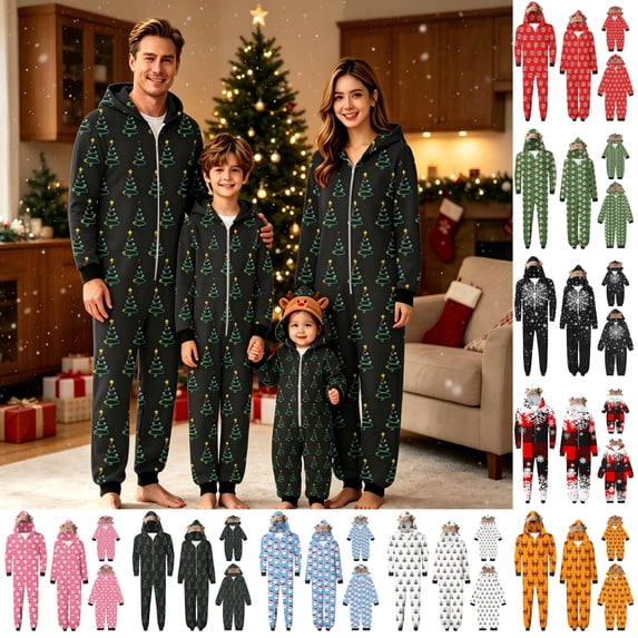 KICILVS Matching Pajamas for Family Christmas Cute Reindeer Onesie Pajamas Holiday Deer Hooded Zip Up Jumpsuit Sleepwear for Festive Cheer
