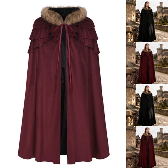 KICILVS Medieval Costume Women Layered Capelet Cloak Faux Fur Collar Long Renaissance Halloween Cosplay Cape Coat Wear