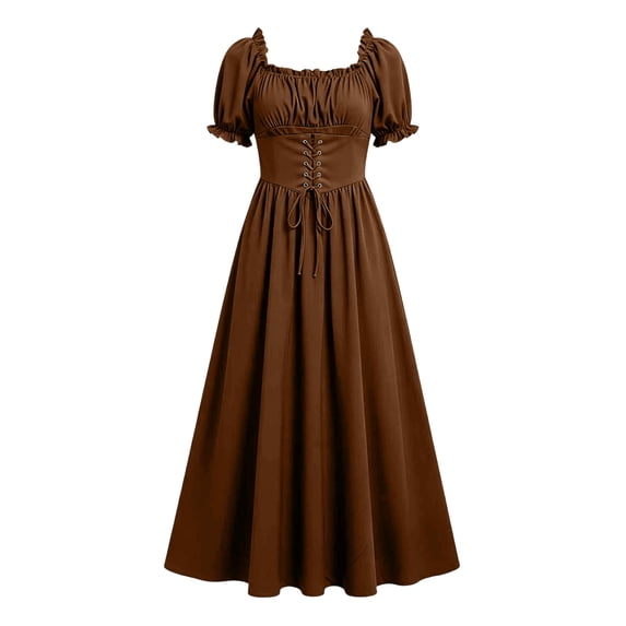 KICILVS Medieval Dress Women Solid Color Puff Sleeve Maxi Gown Ruched Bust Lace Up Waist A Line Renaissance Party Dress Brown