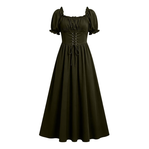 KICILVS Medieval Dress Women Solid Color Puff Sleeve Maxi Gown Ruched Bust Lace Up Waist A Line Renaissance Party Dress Green