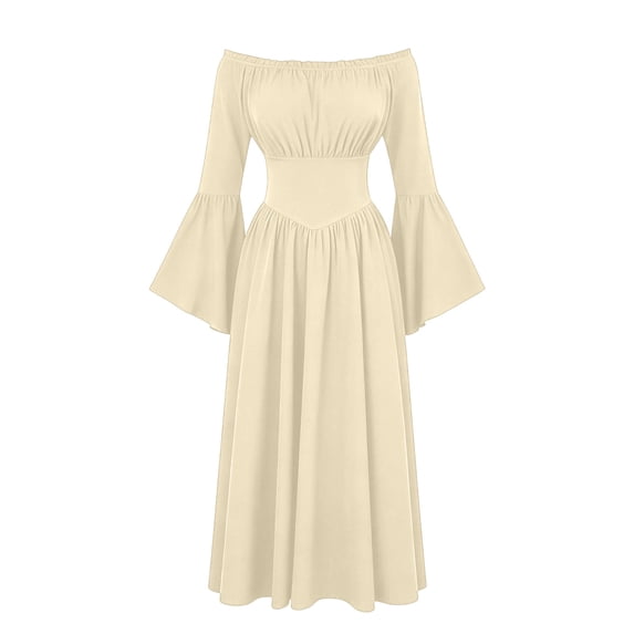 KICILVS Medieval Dress for Women Solid Color Off Shoulder Bell Sleeve Ruched Bust Flared A Line Gown Maxi Party Dress Beige