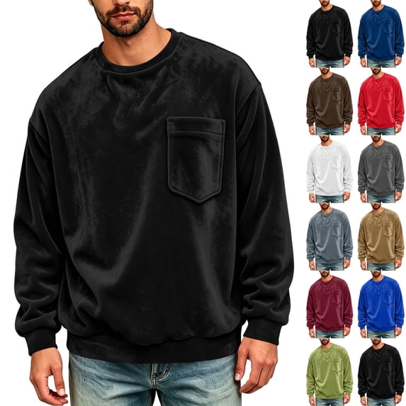 KICILVS Mens Sweatshirt Crewneck Fleece Pullover Long Sleeve Pocket Casual Winter Warm Top for Men Daily Wear Black