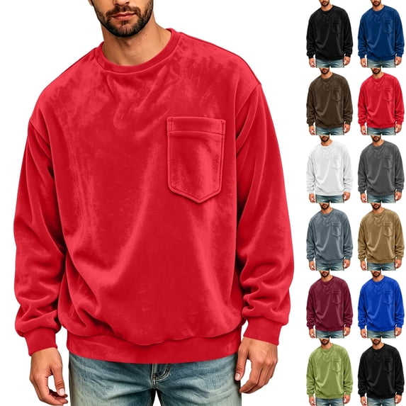 KICILVS Mens Sweatshirt Crewneck Fleece Pullover Long Sleeve Pocket Casual Winter Warm Top for Men Daily Wear Red