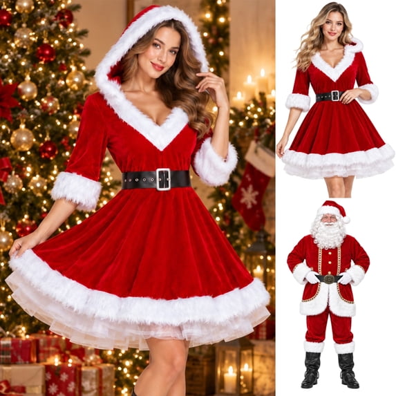 KICILVS Mrs Claus Costume for Women Fuzzy Trim Christmas Dress Holiday Party Outfit for Festive Events and Gatherings