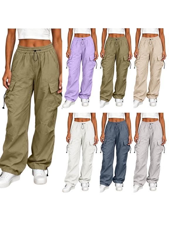 Parachute Pants For Women Elastic Waist Baggy Cargo Pants with Flap Pockets Drawstring Cuffed Leg Trousers for Daily Wear Khaki
