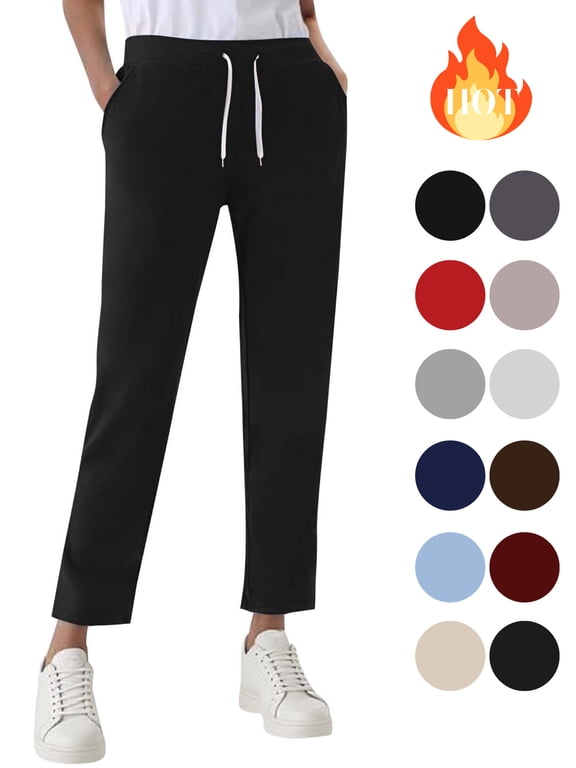 Petite Pants for Women Straight Leg Drawstring High Waist Casual Trousers with Pockets Comfy Cozy Lounge Sweatpants Black