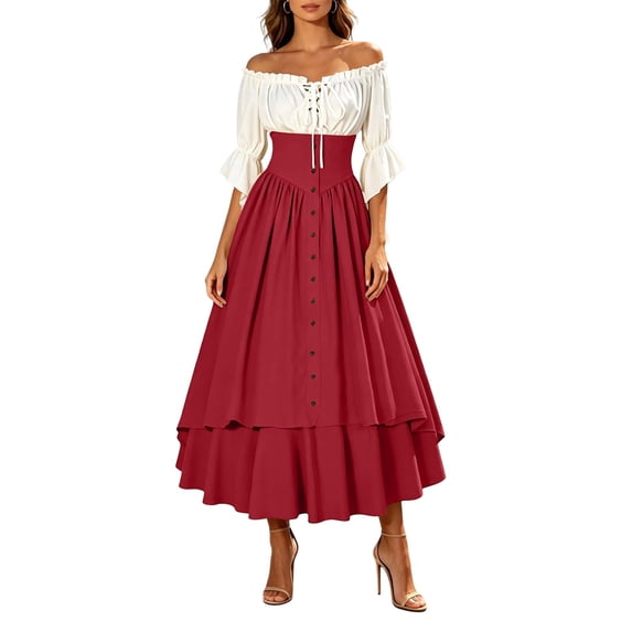 KICILVS Pirate Costume Women Medieval Peasant Dress Off Shoulder Button Front Layered Ruffle Skirt Cosplay Outfit