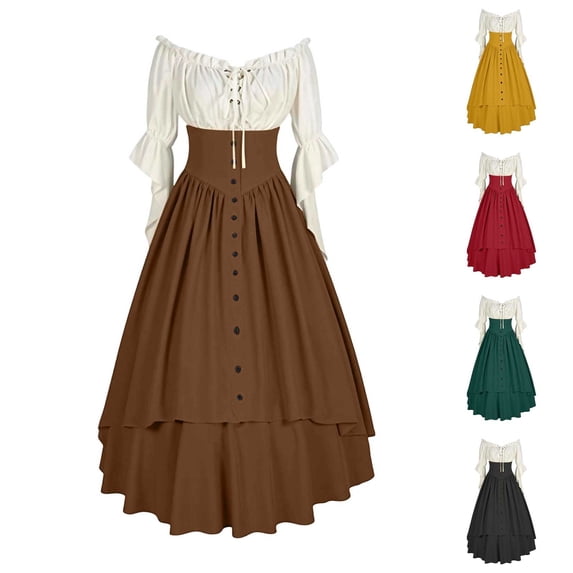 KICILVS Pirate Costume Women Medieval Peasant Dress Off Shoulder Button Front Layered Ruffle Skirt Cosplay Outfit