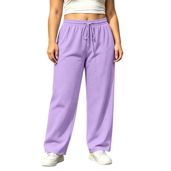 KICILVS Plus Size Pants for Women Wide Leg Baggy Sweatpants High Waist Drawstring Lounge Trousers with Pockets Everyday Wear Purple