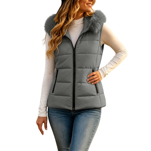 KICILVS Puffer Vest Women Faux Fur Hooded Zip Up Sleeveless Winter Coat with Pockets for Outdoor Wear Gray