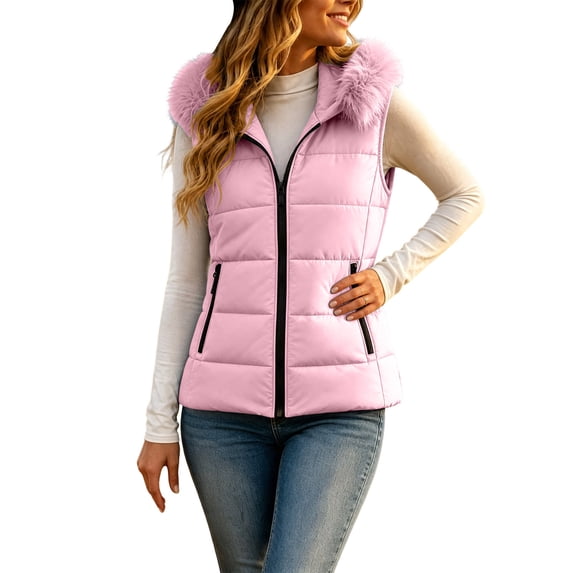 KICILVS Puffer Vest Women Faux Fur Hooded Zip Up Sleeveless Winter Coat with Pockets for Outdoor Wear Pink