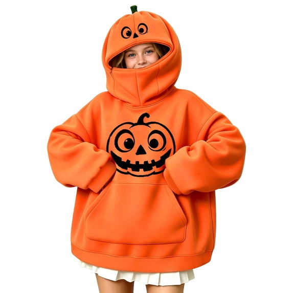 KICILVS Pumpkin Sweatshirt Kids Oversized Novelty Face with Kangaroo Pocket Cute Halloween Costume Pullover Youth Wear