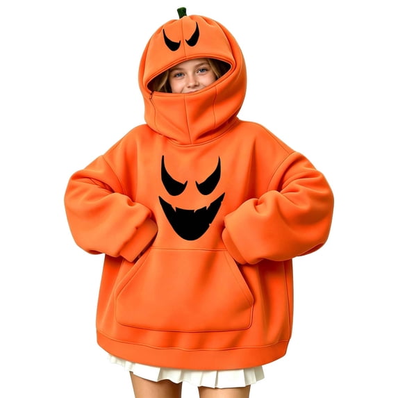 KICILVS Pumpkin Sweatshirt Kids Oversized Novelty Face with Kangaroo Pocket Cute Halloween Costume Pullover Youth Wear