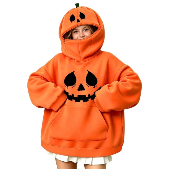 KICILVS Pumpkin Sweatshirt Kids Oversized Novelty Face with Kangaroo Pocket Cute Halloween Costume Pullover Youth Wear
