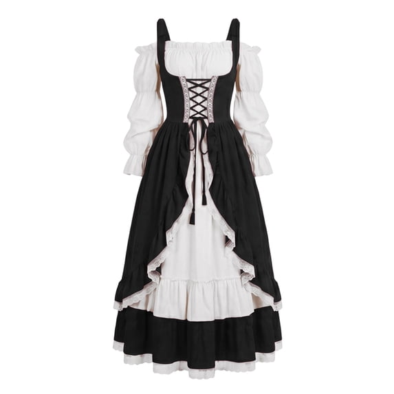 KICILVS Renaissance Costume Women Color Block Square Neck Princess Cut Bell Sleeve Corset Waist Layered Hem Lace Trim Gown Black