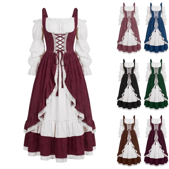 KICILVS Renaissance Costume Women Color Block Square Neck Princess Cut Bell Sleeve Corset Waist Layered Hem Lace Trim Gown Purple