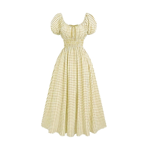 KICILVS Renaissance Costume Women Puff Sleeve Vintage Gingham Plaid Dress Empire Waist U Neck Casual Halloween Swing Dress