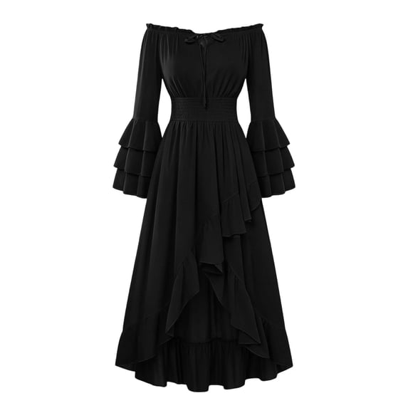 KICILVS Renaissance Dress Women Layered Flare Sleeve Off Shoulder Ruffle A Line Dress Goth Party Cosplay Halloween Witch Costume