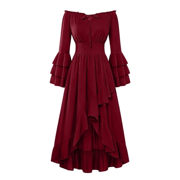 KICILVS Renaissance Dress Women Layered Flare Sleeve Off Shoulder Ruffle A Line Dress Goth Party Cosplay Halloween Witch Costume