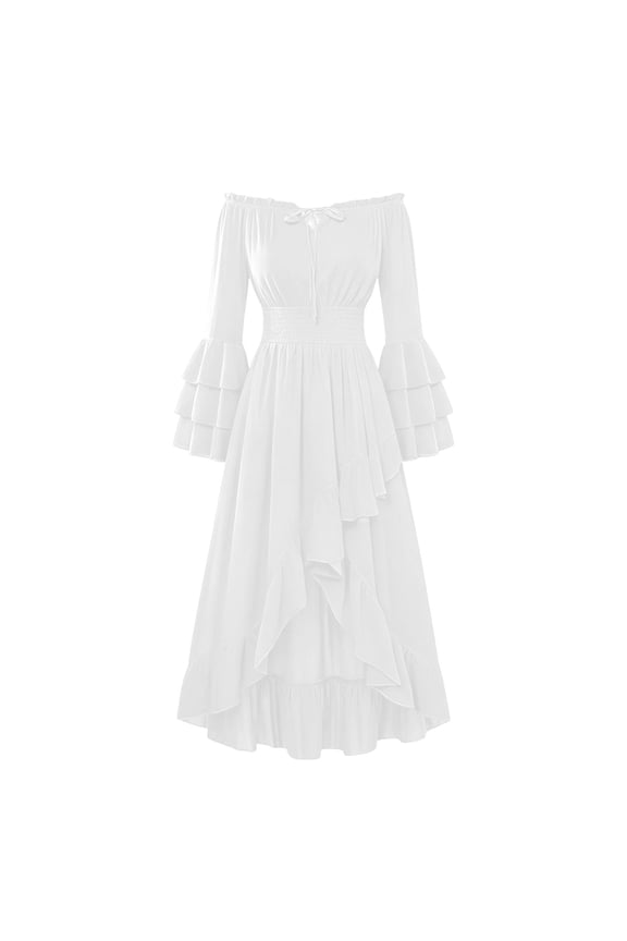 Renaissance Dress Women Layered Flare Sleeve Off Shoulder Ruffle A Line Dress Goth Party Cosplay Halloween Witch Costume