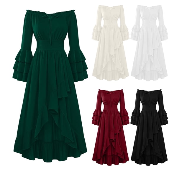 KICILVS Renaissance Dress Women Layered Flare Sleeve Off Shoulder Ruffle A Line Dress Goth Party Cosplay Halloween Witch Costume