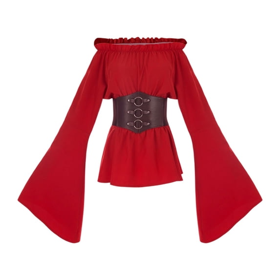 KICILVS Renaissance Shirt Women Solid Color Off Shoulder Flare Sleeve Blouse Corset Waist Ruched Hem Halloween Party Top Red