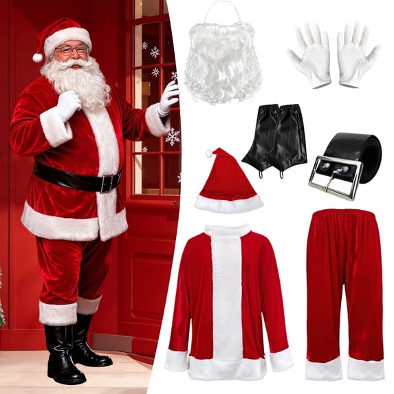 KICILVS Santa Claus Costume for Men Christmas Cosplay Set for Holiday Party Wear(Top, Pants, Belt, Hat, Foot Covers, Gloves, Beard)