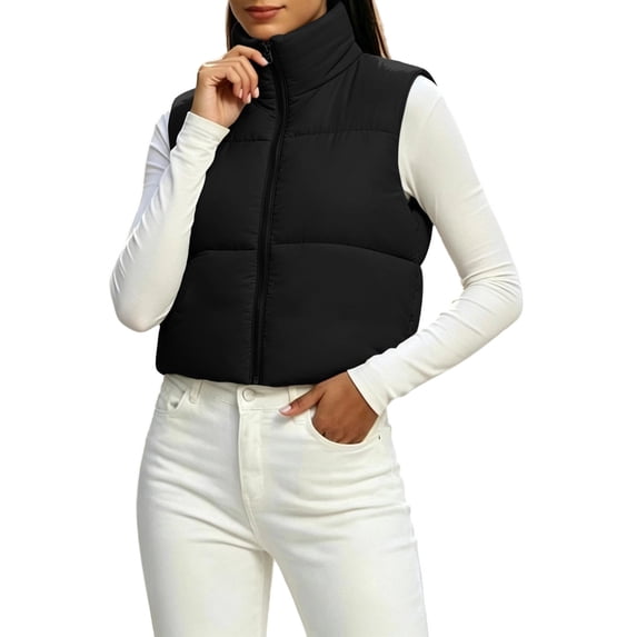 KICILVS Short Puffer Vest Women Stand Collar Full Front Zipper Padded Sleeveless Jacket for Casual Outfits Black