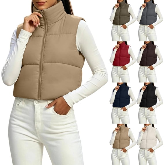 KICILVS Short Puffer Vest Women Stand Collar Full Front Zipper Padded Sleeveless Jacket for Casual Outfits Khaki