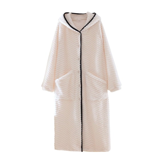 KICILVS Textured Fleece Hooded Robe for Women Snap Front Full Length Bathrobe with Pockets Soft Winter Home Hotel Wear Beige