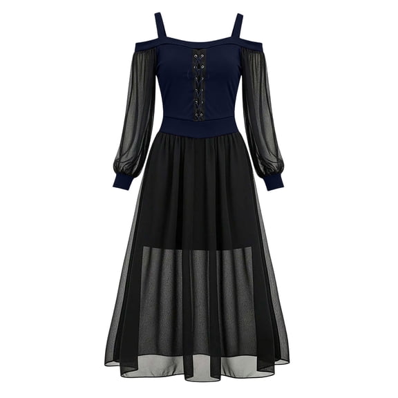 KICILVS Vampire Costume Women Cold Shoulder Lace up Sheer Long Sleeve Maxi Dress Elegant Gothic Cosplay Halloween Dress