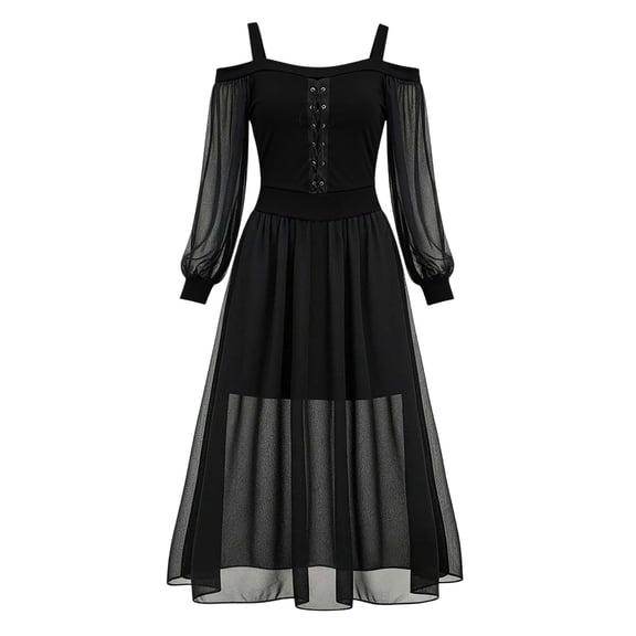 KICILVS Vampire Costume Women Cold Shoulder Lace up Sheer Long Sleeve Maxi Dress Elegant Gothic Cosplay Halloween Dress