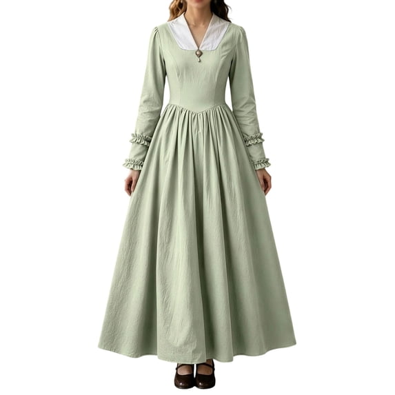 KICILVS Victorian Costume Women V Neck Long Sleeve Ruffle Trim Cuff Swing A Line Dress Renaissance Cosplay Outfit