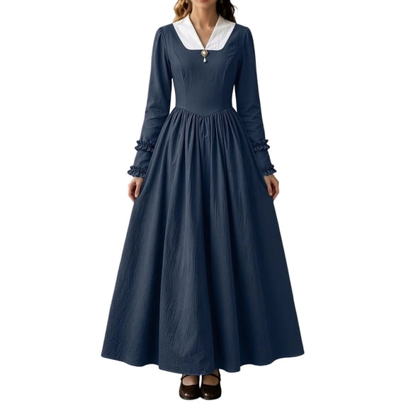KICILVS Victorian Costume Women V Neck Long Sleeve Ruffle Trim Cuff Swing A Line Dress Renaissance Cosplay Outfit