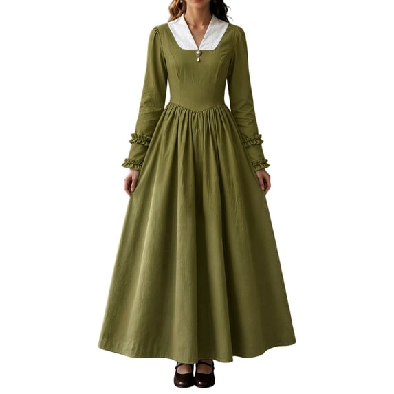 KICILVS Victorian Costume Women V Neck Long Sleeve Ruffle Trim Cuff Swing A Line Dress Renaissance Cosplay Outfit