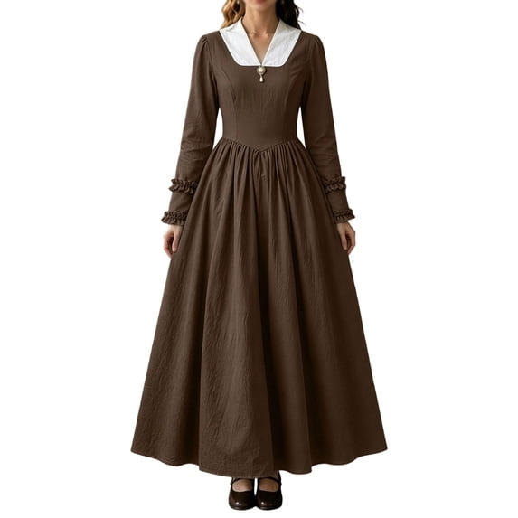 KICILVS Victorian Costume Women V Neck Long Sleeve Ruffle Trim Cuff Swing A Line Dress Renaissance Cosplay Outfit
